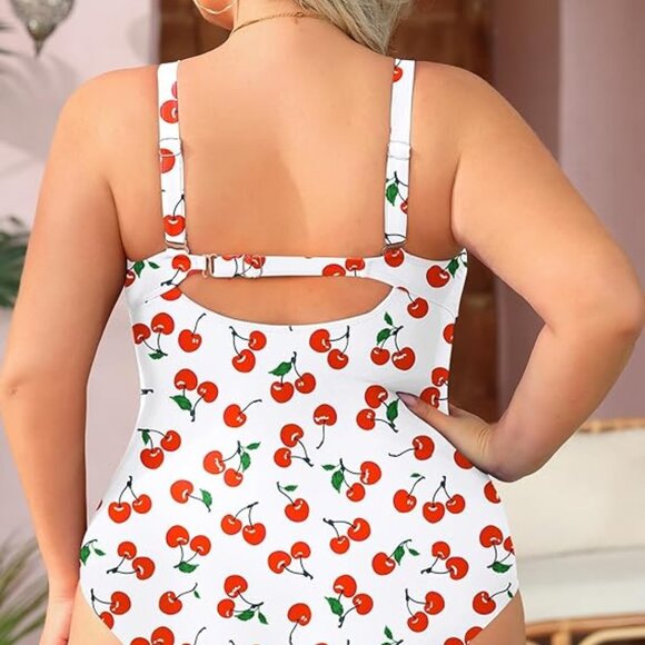 Aqua Eve Scalloped Swimwear Size 18W | Retro White Cherry Full Coverage Swimsuit - Picture 2 of 4